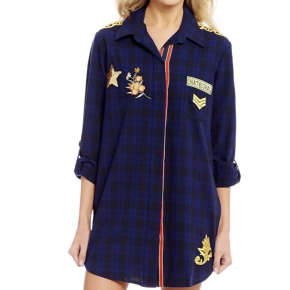 Sam Edelman Other - Sam Edelman Navy Plaid Patch Embellished Sleep Shirt/ Dress Shirt - Size M